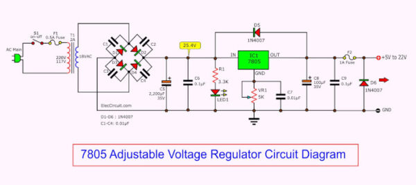 adjustable voltage regulator circuit using 7805