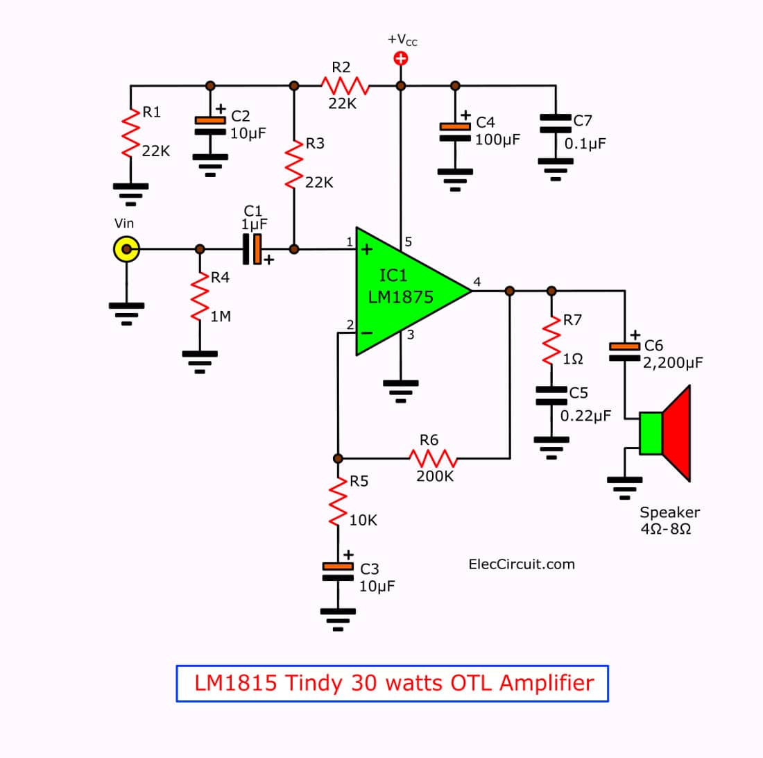 LM1875 amplifier  circuit  30  watts 