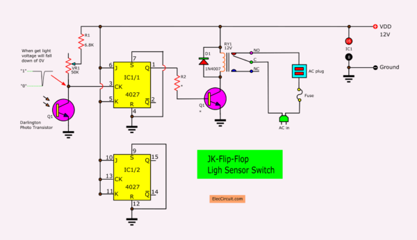 Experiment light switch circuit using jk flip flop