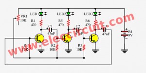 Three led flasher by 3 transistor astable multivibrator