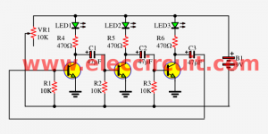 Three led flasher by 3 transistor astable multivibrator