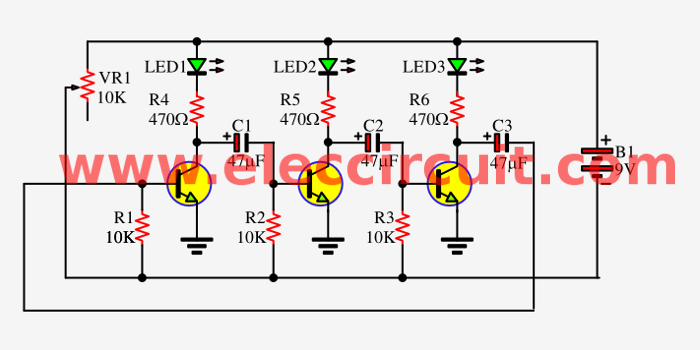 Three led flasher by 3 transistor astable multivibrator