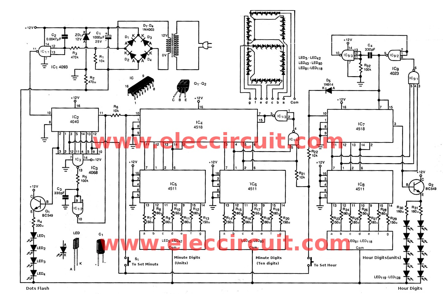 Big digital clock circuit without microcontroller