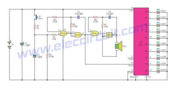 The 10 LED roulette circuit using IC-4017 and IC-4011