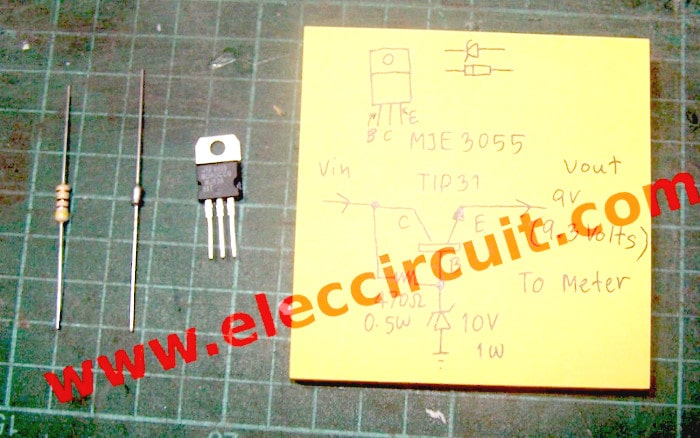 All parts of simple 9V regulator circuit