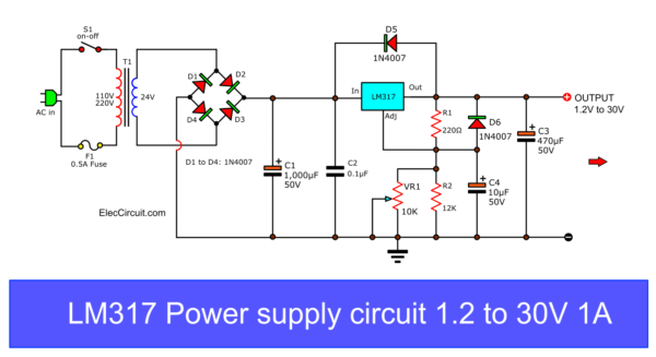 Circuit Diagram of My First Variable DC Power Supply 1.25V to 30V at 1A using LM317