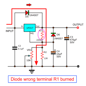 Diode wrong terminal, R1 burned