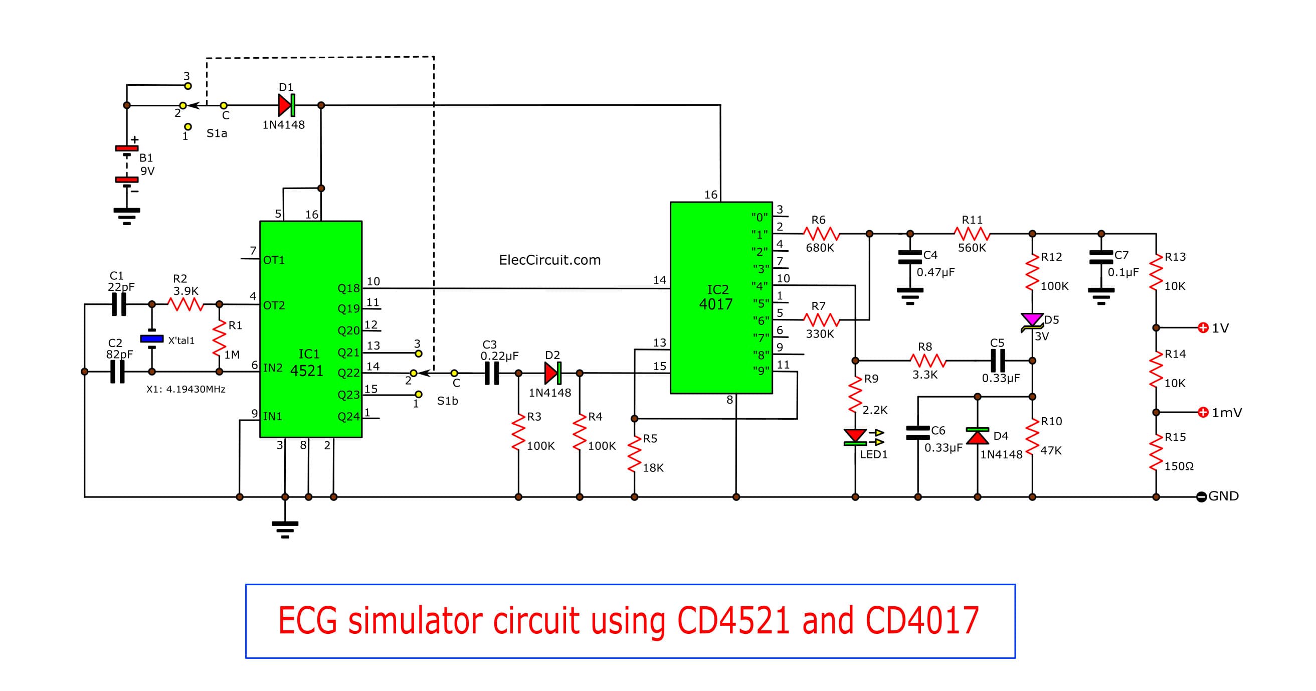 ECG simulator circuit using CD4521 and CD4017 - ElecCircuit