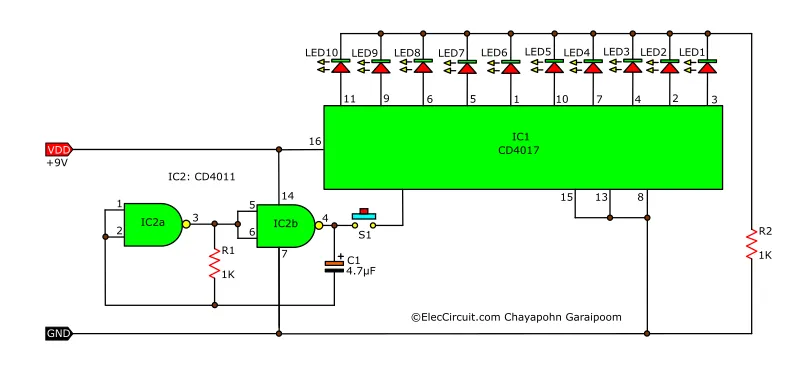10 LED roulette circuit