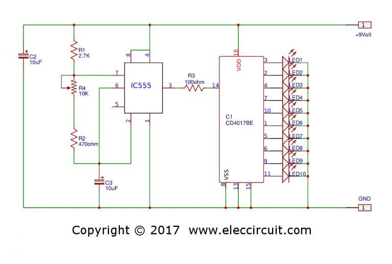 LED Chaser circuit with PCB layout | Running lights | Eleccircuit.com