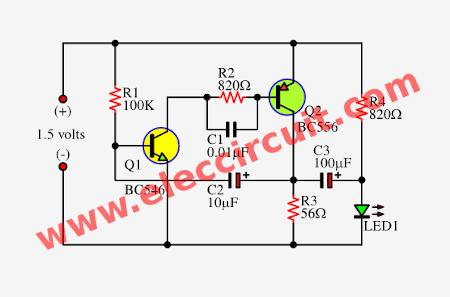 1.5V LED flasher circuit using BC556 and BC546