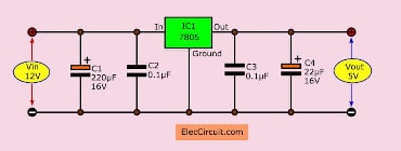 12V to 5V converter 1A using 7805