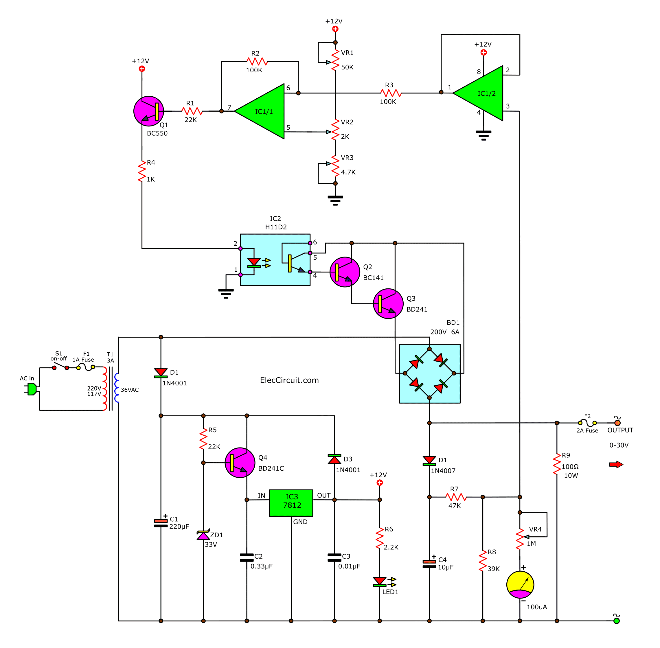 AC Variable Power supply circuit with PCB, 0-30V 3A