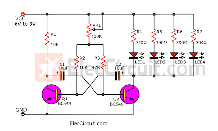 4 LED flasher circuit with adjustable