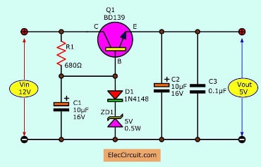500mA 5V transistor Zener voltage regulator