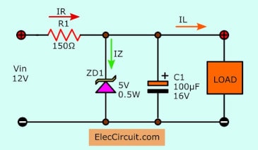 12V to 5V using zener voltage regulator