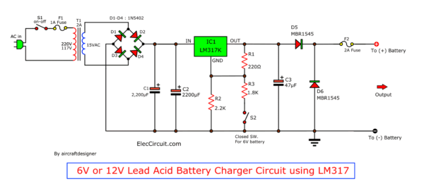 6V or 12V Lead Acid battery charger using LM317