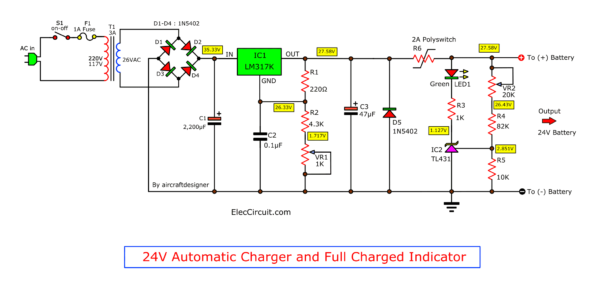 Automatic charger and full charged indicator using LM317 TL431