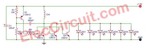 High power LED flashlight circuit, 6 LED for 1.5V AA battery