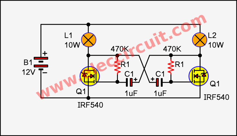 Simple 2 Lamp flasher circuit using MOSFET