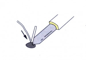 3-feed a lead solder to touch the component's leg until the solder melt full pad