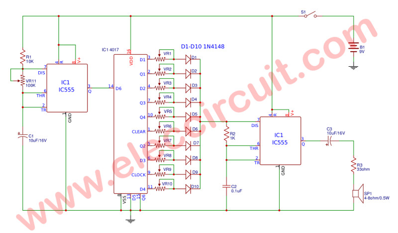 Simple sound effect generator circuit using IC-555 and IC-4017