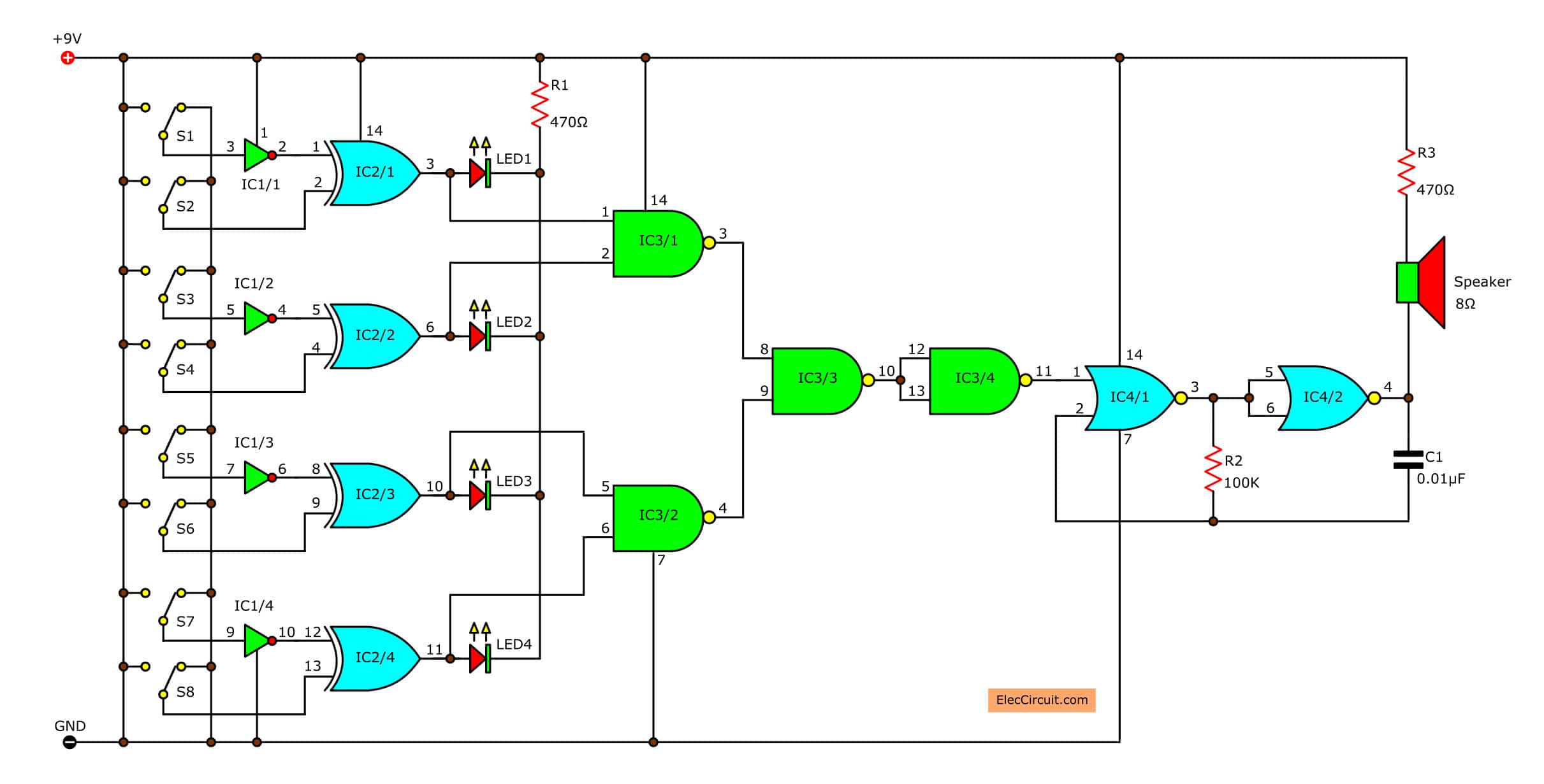 Logical guessing game circuit Diagram | ElecCircuit.com