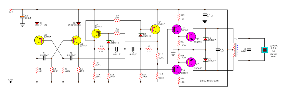 100 watts inverter circuit 12v-to-220v using transistors