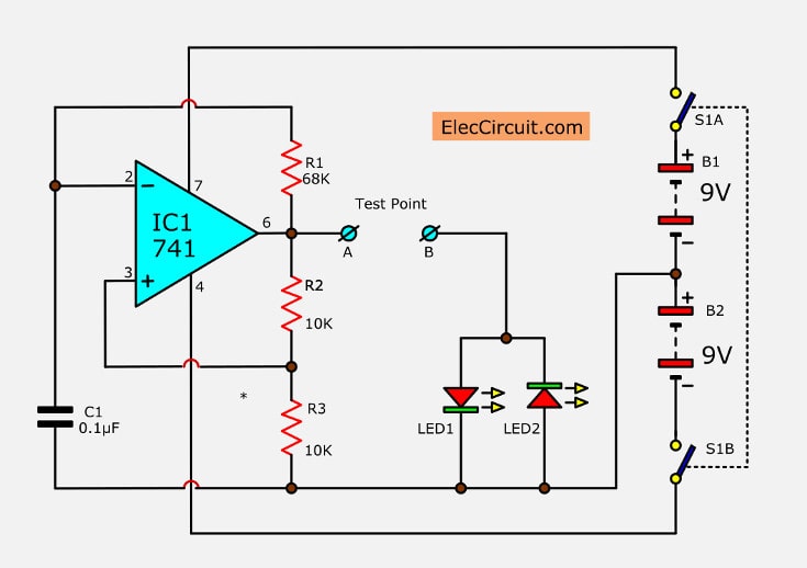 Diode tester circuit using IC-741 and LED - ElecCircuit.com