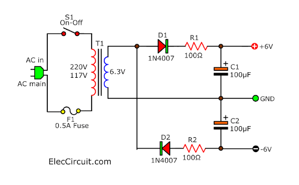 Simple dual DC power supply using 2 terminal transformer