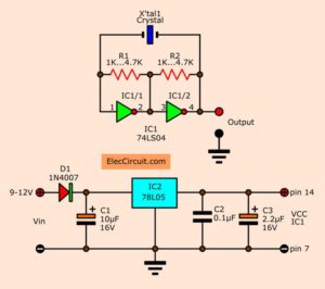 Simple crystal oscillator 1-10MHz using inverter gate