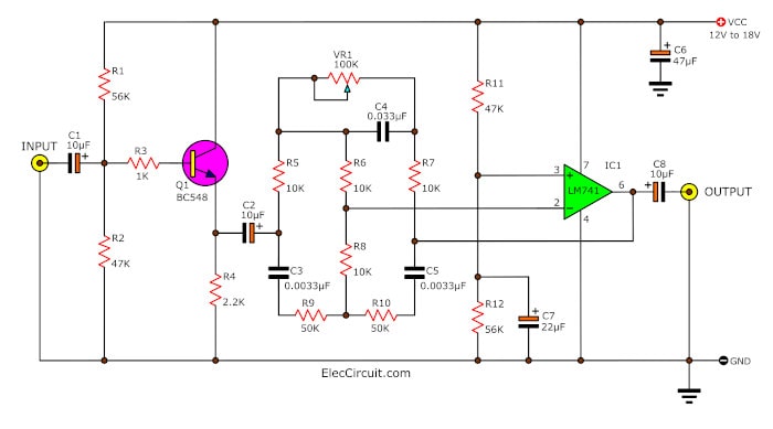 Active bass boost circuit using IC-741 -ElecCircuit.com