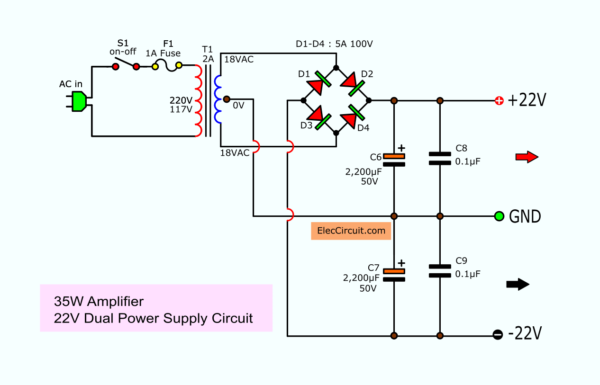22V Dual Power Supply circuit for 35W amplifier