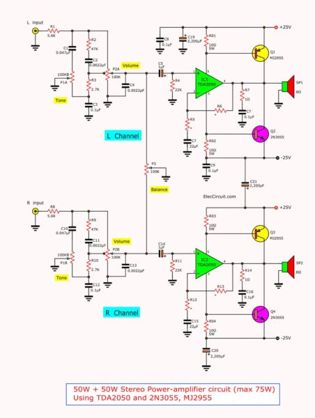 50W-75W stereo power amplifier using TDA2050 and 2N3055-MJ2955