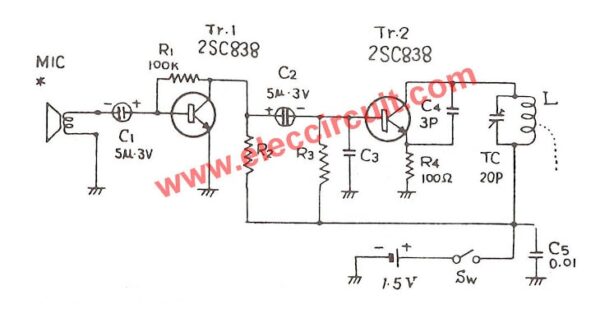 C828-transistors-15V-battery FM transmitter circuit