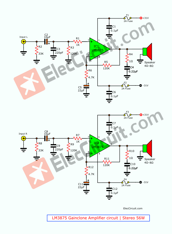 Gainclone amplifier circuit,stereo 40W using LM3875