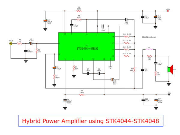 STK Power amplifier circuit schematic using STK4044, STK4048