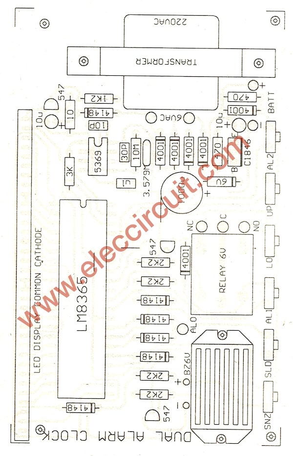 Component layout LM8365 alarm digital clock