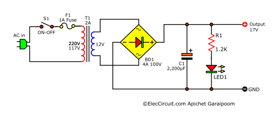 12V power supply circuit using bridge rectifier