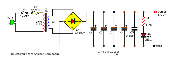 3A 12V power supply circuit using capacitors filter in parallel