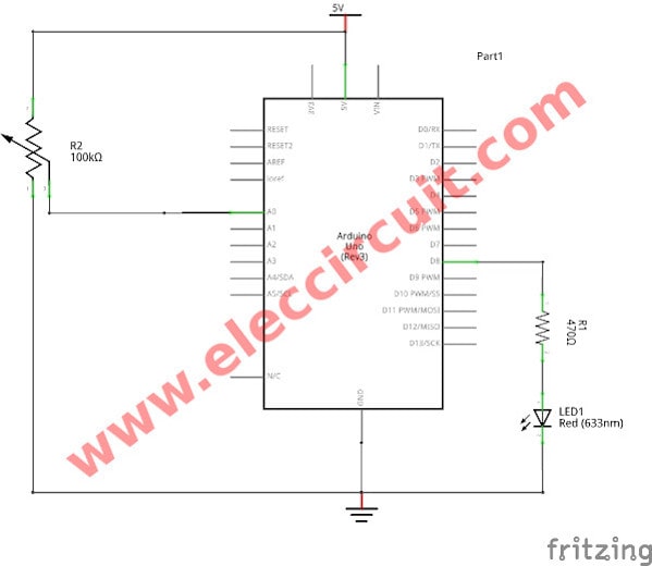 adiustadle LED flasher circuit using Arduino