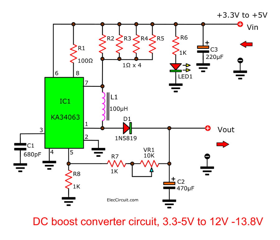 DC Boost Converter circuit 3.3-5v to 12V-13.8V - Eleccircuit
