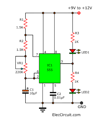 Dual LED flasher using 555