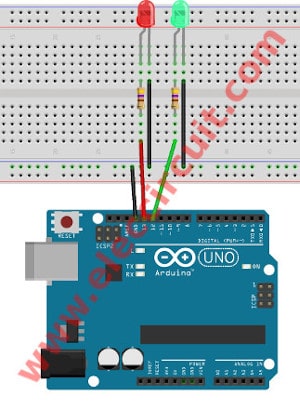 2 LED flasher Arduino circuit connection