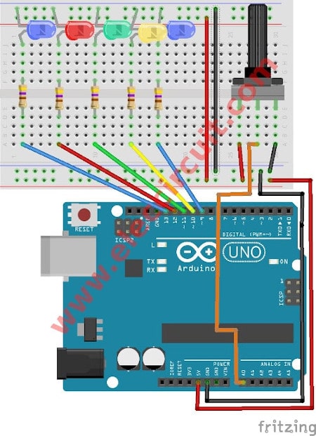5 LED chaser using Arduino, with control potentiometer - Eleccircuit.com
