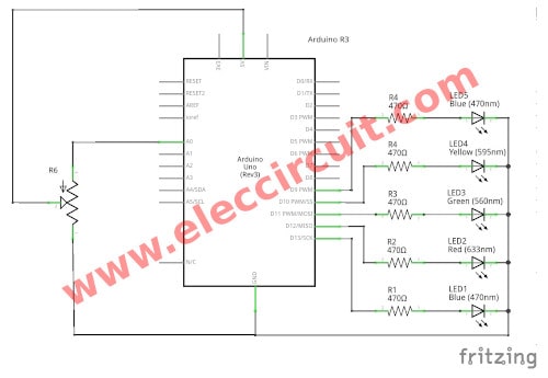 5 LED running circuit diagram using potentimoeter 