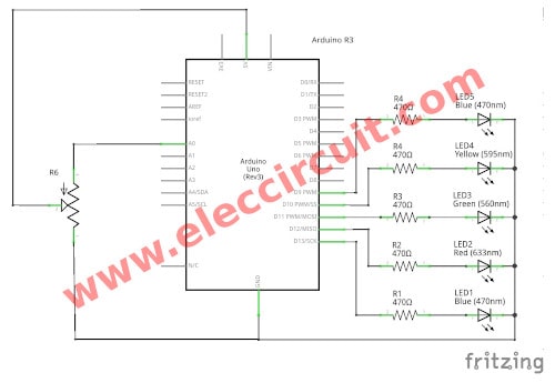 5 LED running circuit diagram using potentimoeter