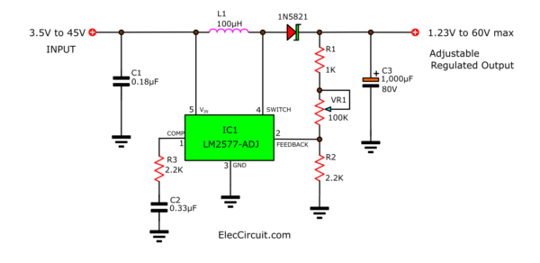 1.23V to 60V Adjustable Regulated supply using LM2577-ADJ