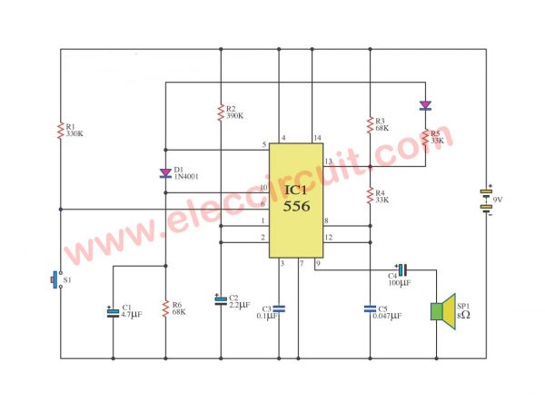 Sounds train whistle circuit using NE556