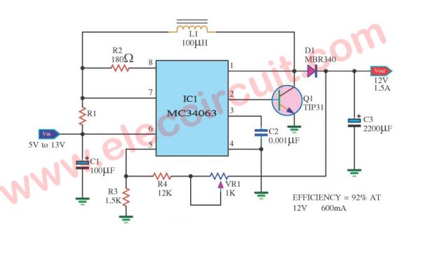 12V stable battery voltage regulator circuit using MC34063